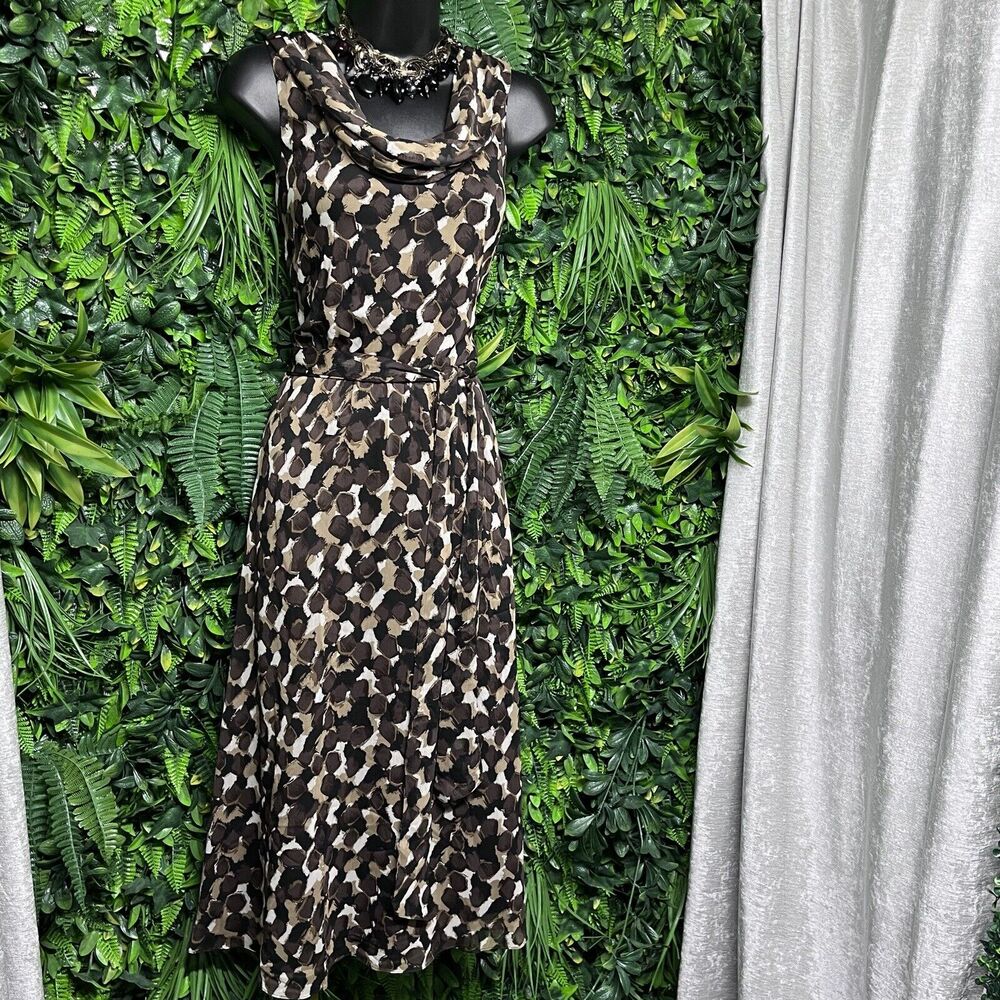 JBS Dress Women 6 Brown Cowl Neck Belted Flare‎ Dotted Design Midi Cocktail 2481